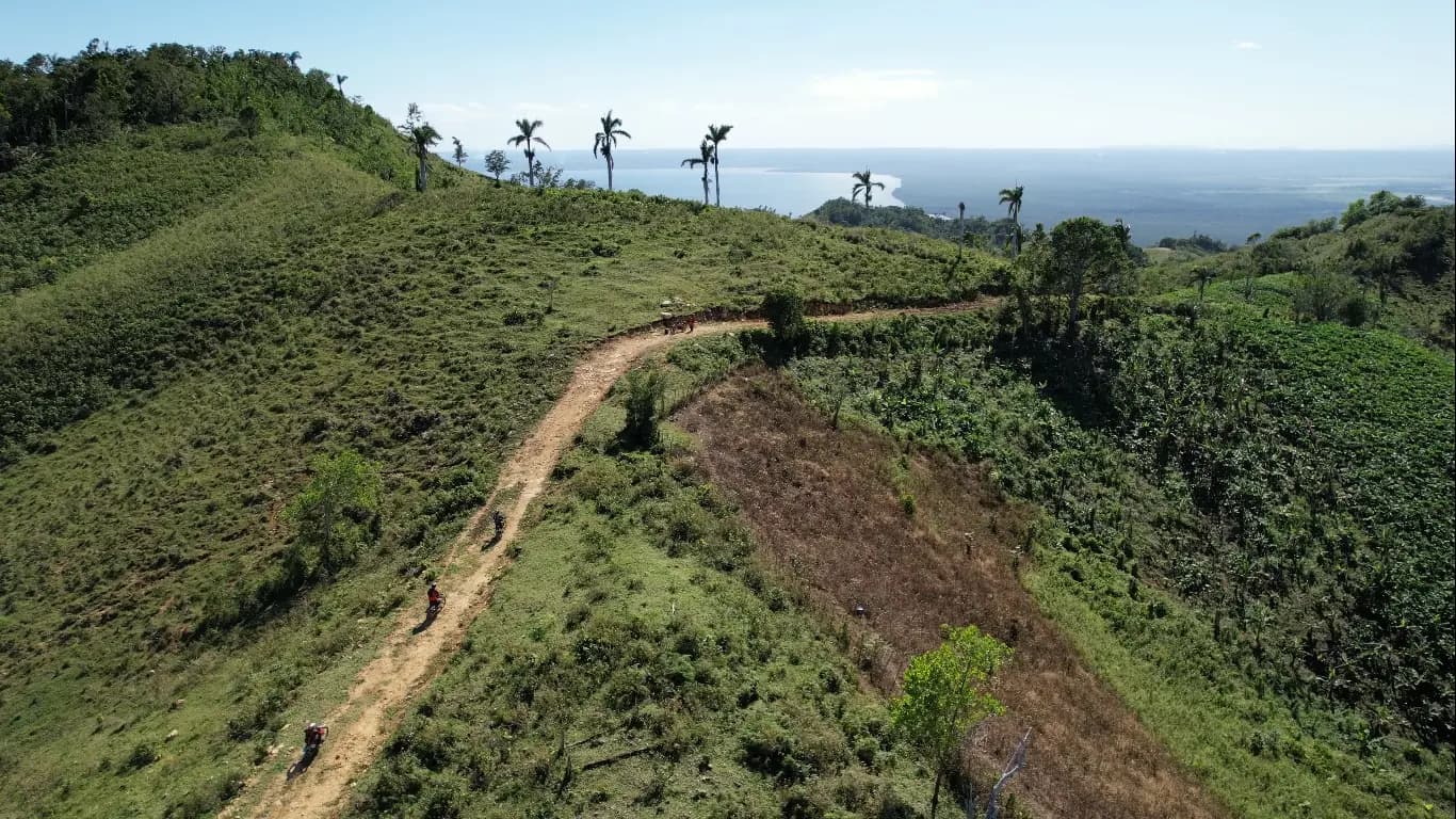 Aerial view of a trail through green hills