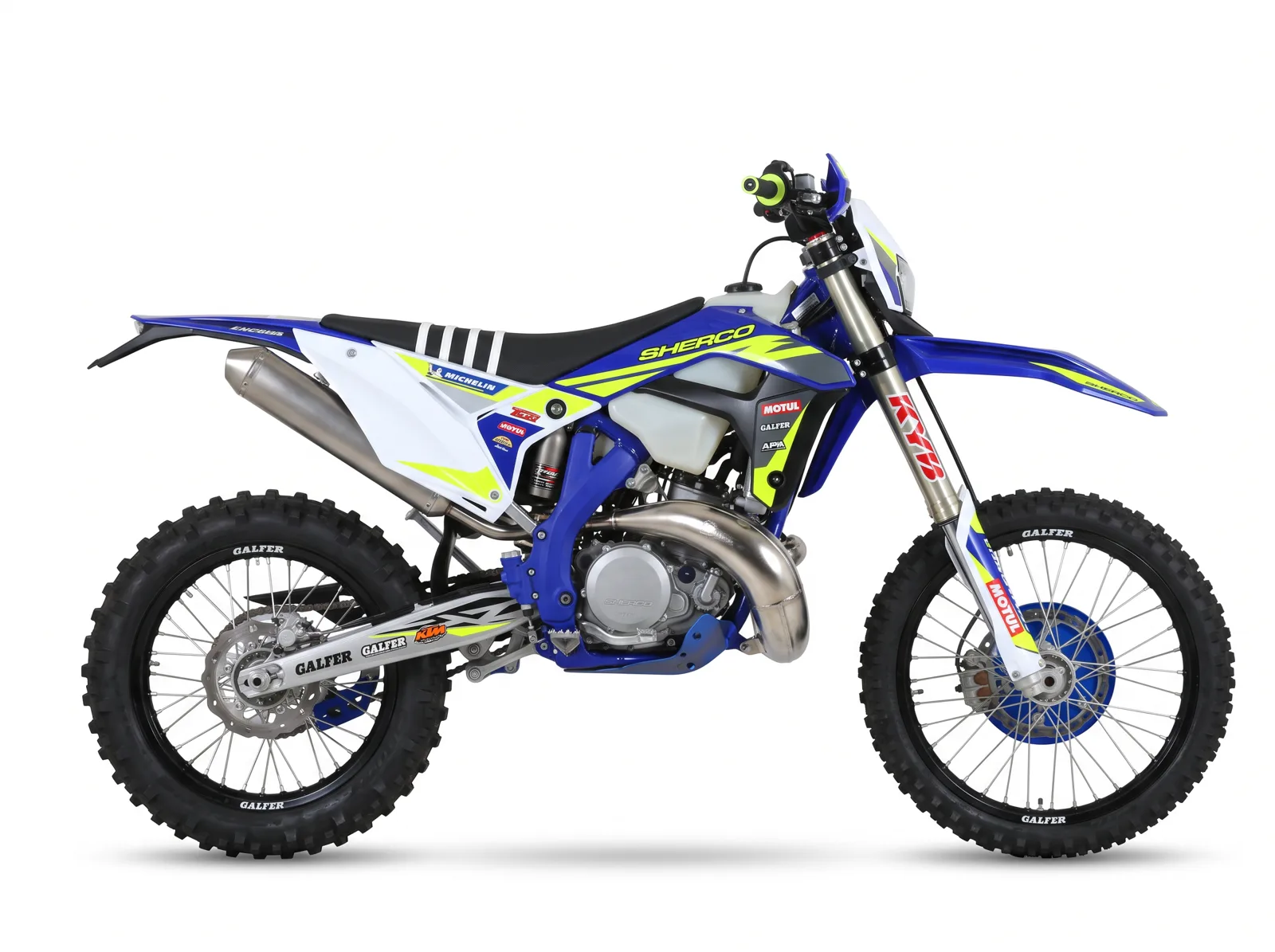 Sherco 300 SE Factory 2-stroke enduro bike, studio side view