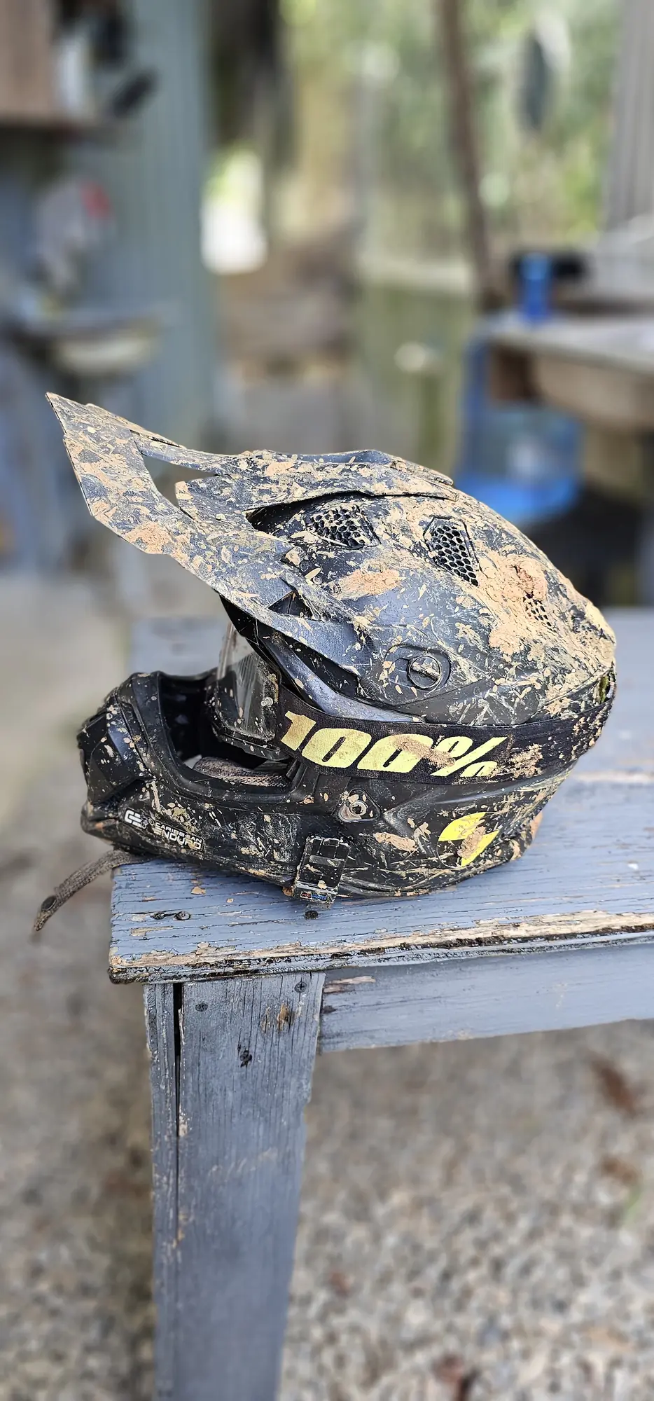 Mud-covered helmet after the ride