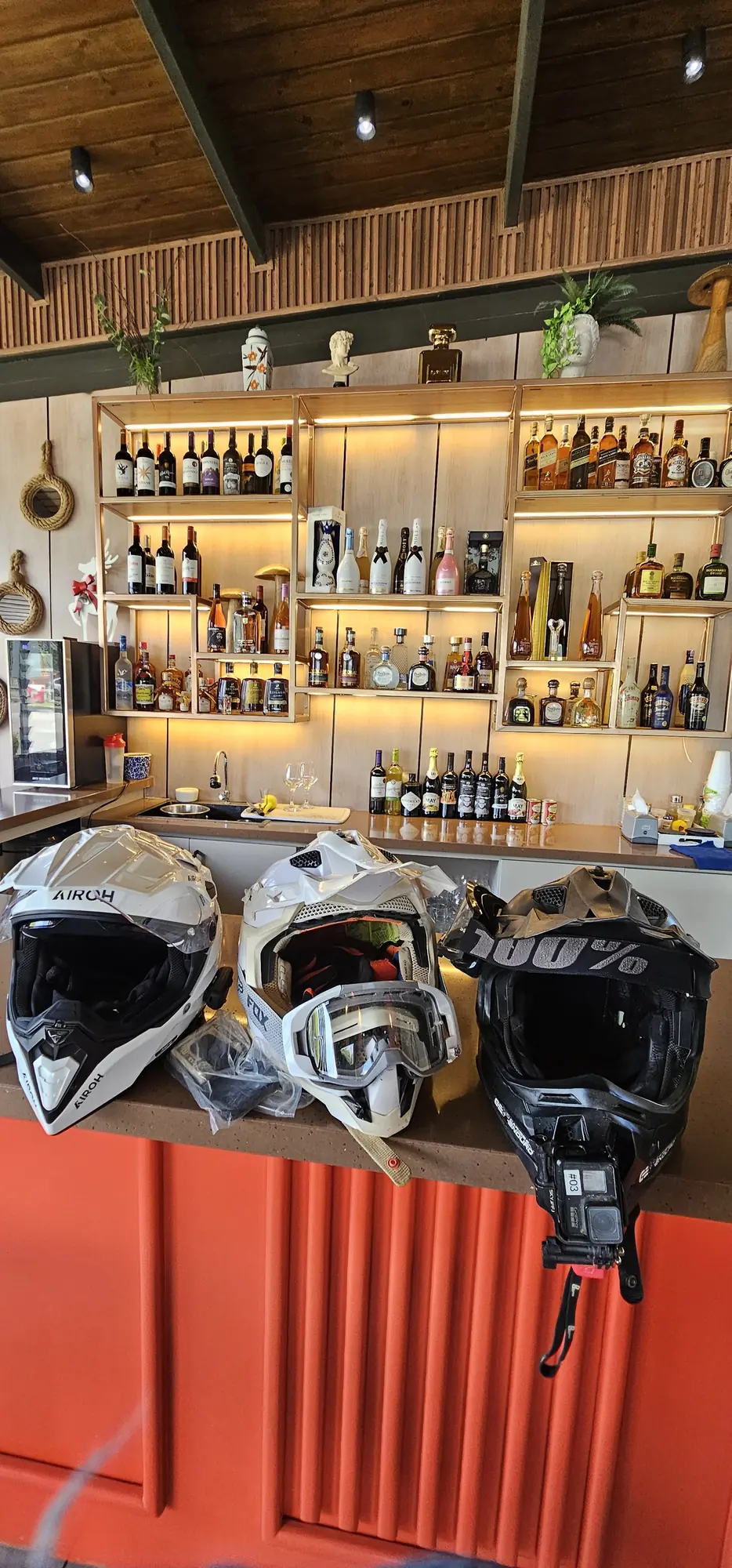 Helmets on the bar at the end of the day